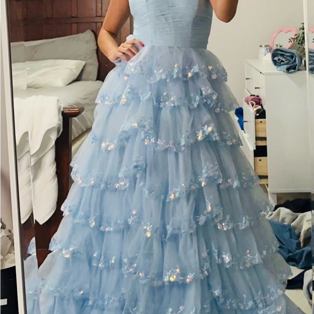 Elegant Light Blue Ruffle Strapless Tiered Gown